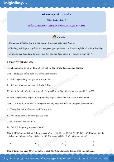 Đề thi học kì 2 Toán 7 - Đề số 6
